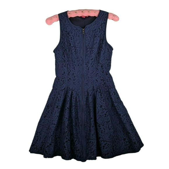 Vintage Y2k Betsey Johnson Lace Dress Size 2 XS Zip Front Navy Blue Lined 00s - Picture 1 of 11